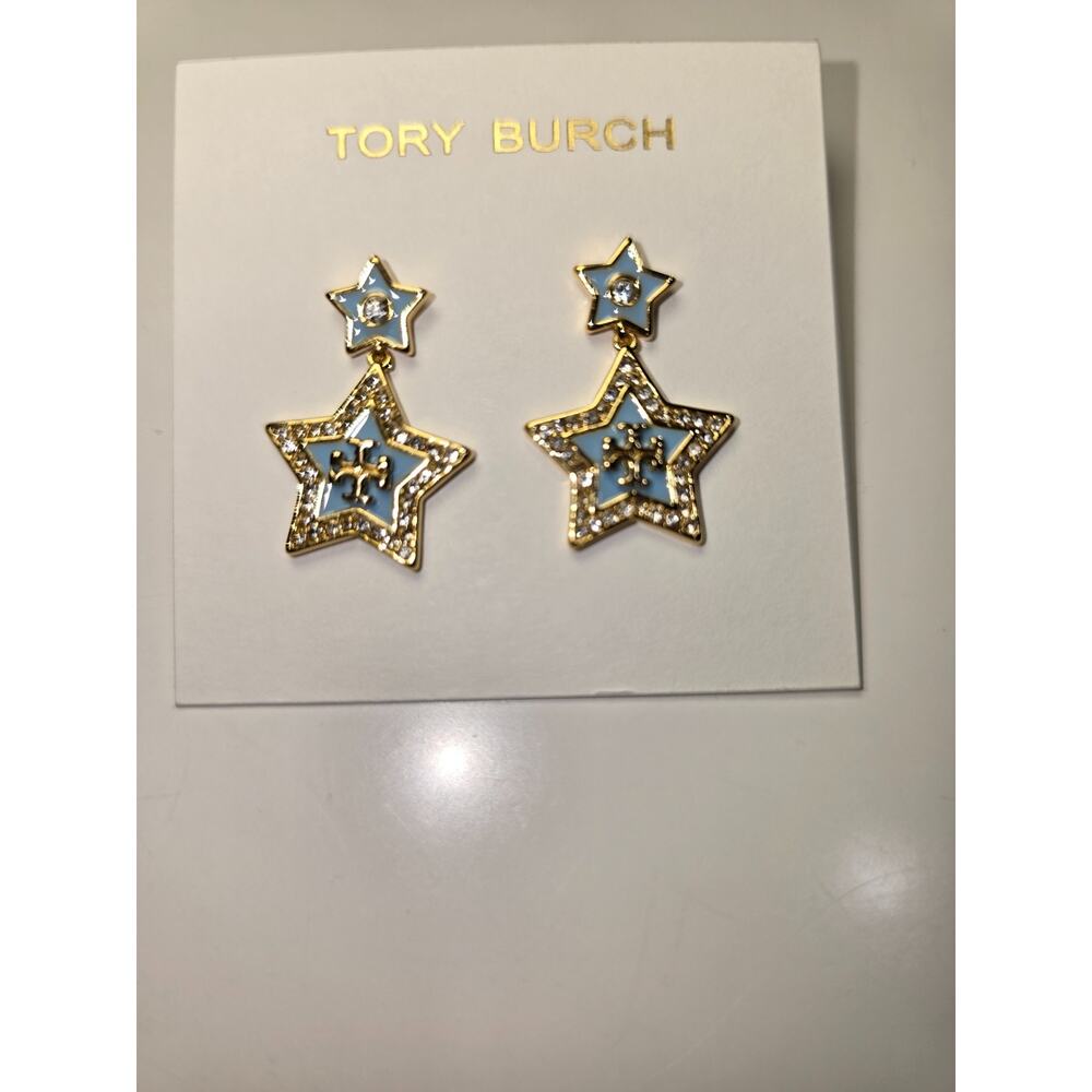 Tory Burch Gold Kira w/Baby Blue Falling Stars Drop Star Earrings-MSRP=$148